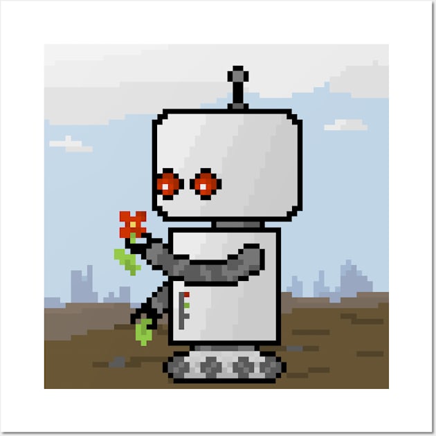 Robot pixel art, looking at a flower Wall Art by neophlegm